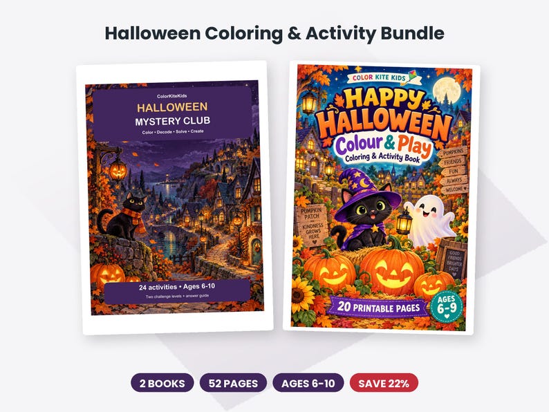 May include: A Halloween coloring and activity bundle featuring two books. The first book is titled Halloween Mystery Club, and the second is Happy Halloween Colour & Play. Both books feature illustrations of cats, pumpkins, and ghosts in autumn settings.