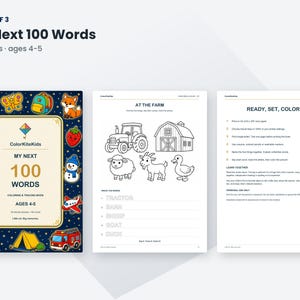 K&ouml;nnte beinhalten: Ein Mal- und Nachmalbuch mit dem Titel My Next 100 Words f&uuml;r Kinder im Alter von 4-5 Jahren. Das Cover zeigt einen dunkelblauen Hintergrund mit bunten Illustrationen einer Rakete, eines Schmetterlings, eines Traktors, eines Regenbogens und eines Feuerwehrautos.