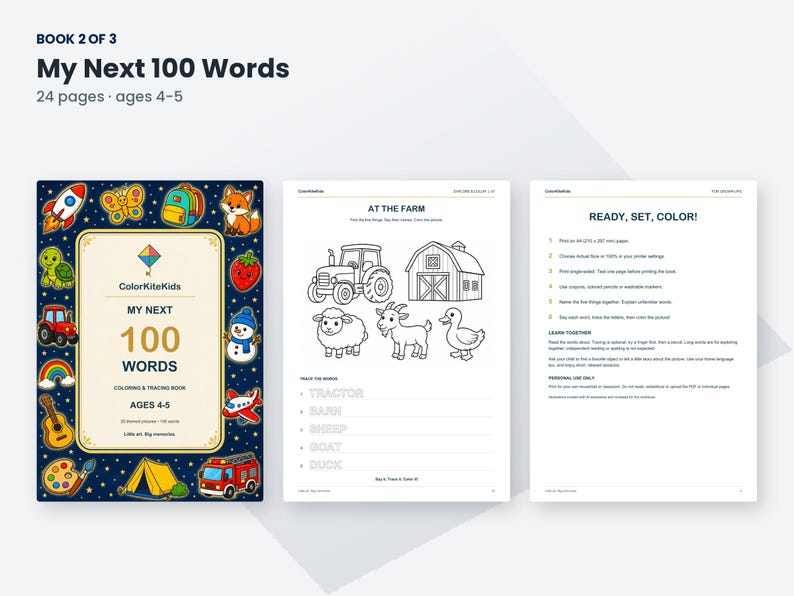 K&ouml;nnte beinhalten: Ein Mal- und Nachmalbuch mit dem Titel My Next 100 Words f&uuml;r Kinder im Alter von 4-5 Jahren. Das Cover zeigt einen dunkelblauen Hintergrund mit bunten Illustrationen einer Rakete, eines Schmetterlings, eines Traktors, eines Regenbogens und eines Feuerwehrautos.
