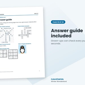 May include: A white activity book page titled Answer guide with the text ColorKiteKids and Ages 6-10. It displays a winter word hunt, a winter crossword, a connect the dots mitten, a penguin pixel picture, and two number grids for children.