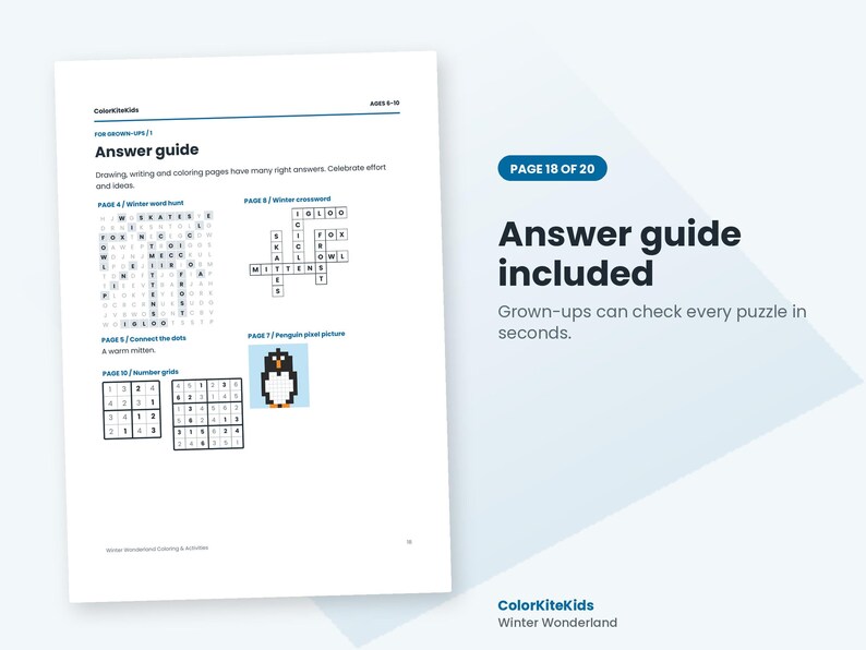 May include: A white activity book page titled Answer guide with the text ColorKiteKids and Ages 6-10. It displays a winter word hunt, a winter crossword, a connect the dots mitten, a penguin pixel picture, and two number grids for children.