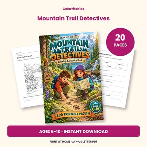 May include: ColorKiteKids Mountain Trail Detectives colouring and activity book with 20 printable pages for ages 6-10. The cover features two children exploring a forest trail, examining animal tracks, with a squirrel and mountain scenery.