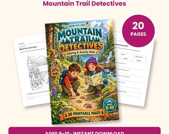 Peut inclure: Livre de coloriage et d'activités ColorKiteKids Mountain Trail Detectives avec 20 pages imprimables pour les 6-10 ans. La couverture montre deux enfants explorant un sentier forestier, examinant des traces d'animaux, avec un écureuil.