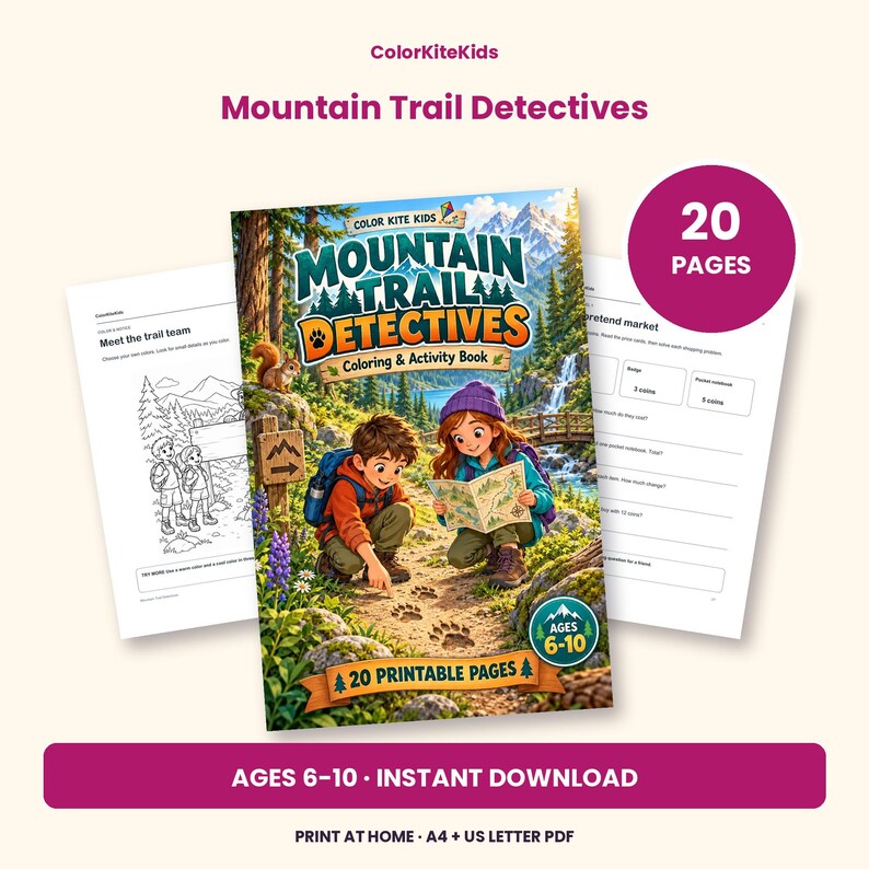 May include: ColorKiteKids Mountain Trail Detectives colouring and activity book with 20 printable pages for ages 6-10. The cover features two children exploring a forest trail, examining animal tracks, with a squirrel and mountain scenery.