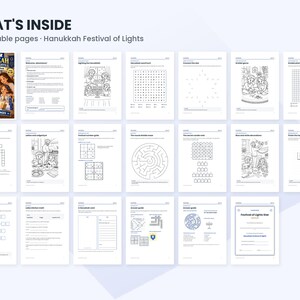 May include: A digital activity book titled What's Inside 20 printable pages Hanukkah Festival of Lights, featuring twenty individual pages with black and white illustrations, word searches, mazes, Sudoku puzzles, and writing prompts for children.