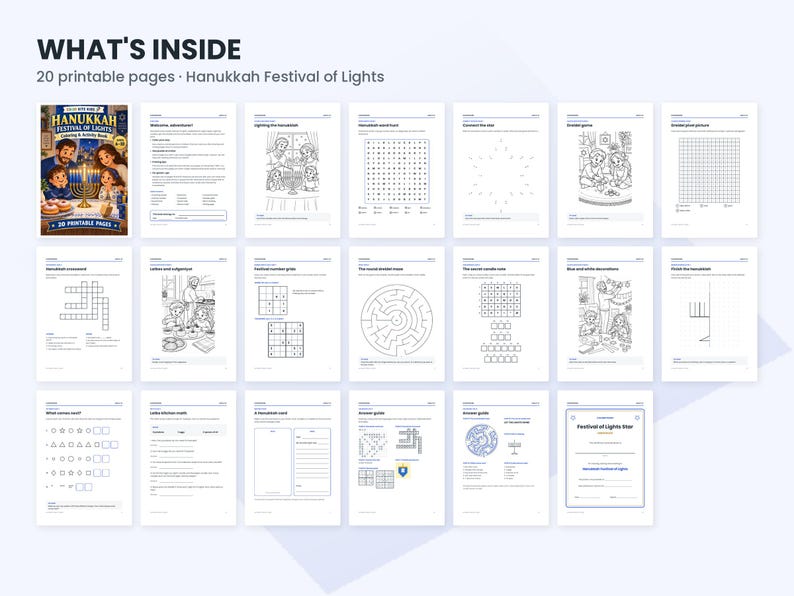 May include: A digital activity book titled What's Inside 20 printable pages Hanukkah Festival of Lights, featuring twenty individual pages with black and white illustrations, word searches, mazes, Sudoku puzzles, and writing prompts for children.