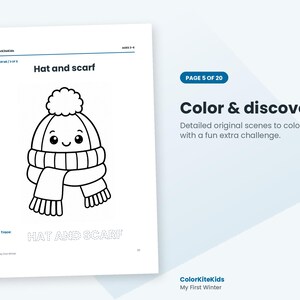 May include: A black and white coloring page titled Hat and scarf featuring a cute cartoon winter hat with a pom-pom and a scarf with a smiling face. The page includes the text Color & discover, Page 5 of 20, and a tracing activity for the words HAT AND SCARF.