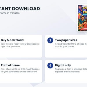 May include: A digital activity book cover titled Happy New Year 2027 featuring a colorful illustration of a family and pets celebrating with fireworks. The image includes instructional text for a downloadable product with four steps.