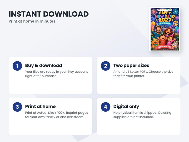 May include: A digital activity book cover titled Happy New Year 2027 featuring a colorful illustration of a family and pets celebrating with fireworks. The image includes instructional text for a downloadable product with four steps.