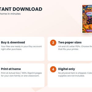 May include: A digital Halloween coloring and activity book cover featuring a black cat in a purple witch hat, a white ghost, and orange jack-o'-lanterns. The text reads Happy Halloween Colour & Play, 20 Printable Pages, and Ages 6-9.