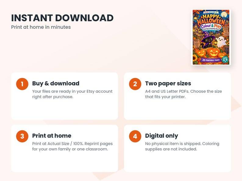 May include: A digital Halloween coloring and activity book cover featuring a black cat in a purple witch hat, a white ghost, and orange jack-o'-lanterns. The text reads Happy Halloween Colour & Play, 20 Printable Pages, and Ages 6-9.