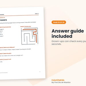 May include: A white activity book page titled Answers for grown-ups, featuring a maze diagram and lists of solutions for pages 12, 15, 17, and 14. The text includes ColorKiteKids, Ages 3-5, and My First Dia de Muertos branding.
