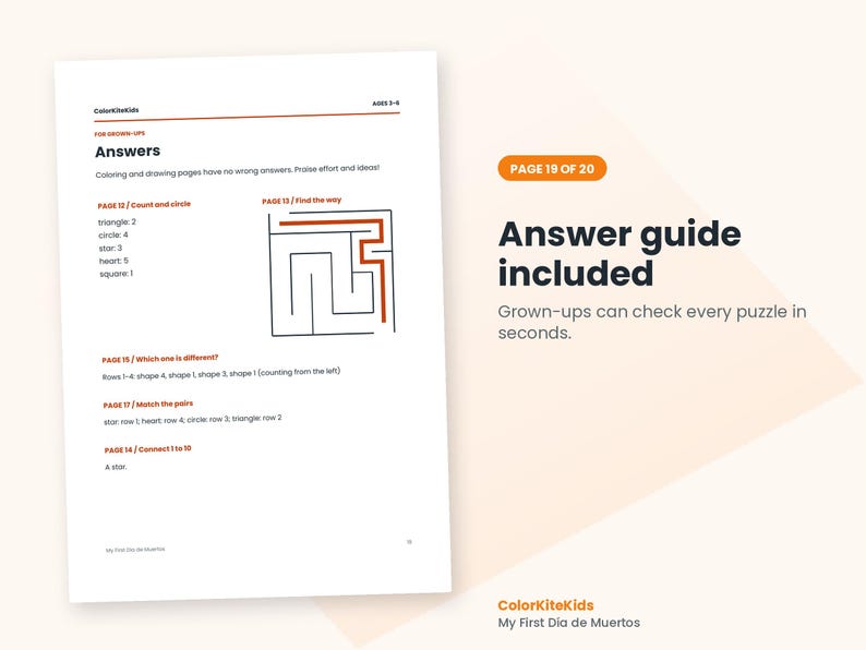 May include: A white activity book page titled Answers for grown-ups, featuring a maze diagram and lists of solutions for pages 12, 15, 17, and 14. The text includes ColorKiteKids, Ages 3-5, and My First Dia de Muertos branding.
