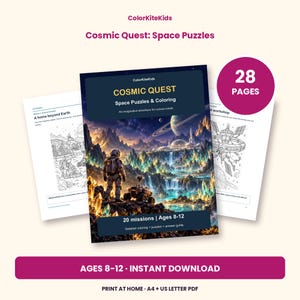 May include: A 28-page digital activity book titled Cosmic Quest: Space Puzzles & Coloring. The cover features an astronaut and rover on a vibrant alien planet. Includes 20 missions for ages 8-12, available as an instant download in A4 and US Letter PDF.