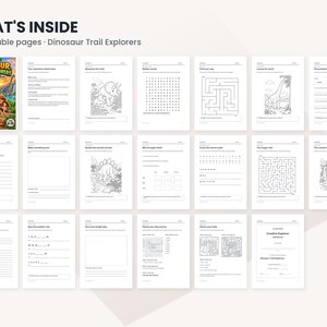 May include: A digital activity book titled Dinosaur Trail Explorers featuring 20 printable pages. The collection includes black and white worksheets with dinosaur illustrations, word searches, mazes, secret codes, and creative writing prompts.