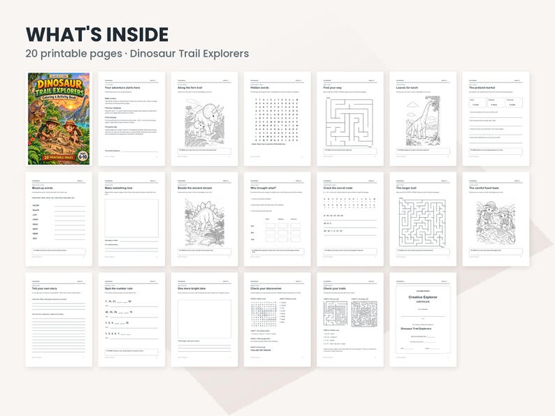 May include: A digital activity book titled Dinosaur Trail Explorers featuring 20 printable pages. The collection includes black and white worksheets with dinosaur illustrations, word searches, mazes, secret codes, and creative writing prompts.
