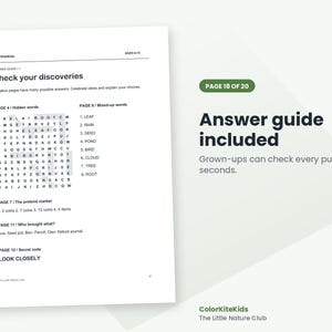 May include: A white document titled Check your discoveries, which serves as an answer guide for ColorKiteKids. It lists solutions for word searches, mixed-up words, and logic puzzles from pages 4, 8, 11, and 12, with the text Answer guide included.