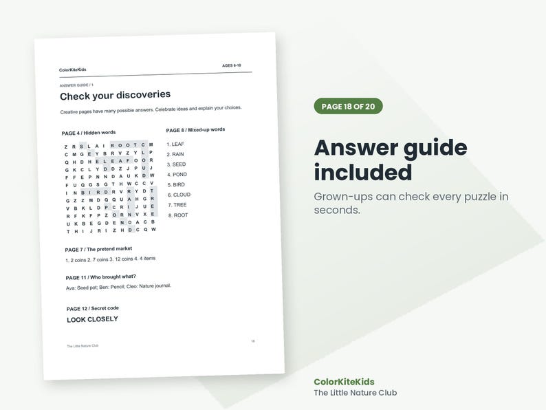 May include: A white document titled Check your discoveries, which serves as an answer guide for ColorKiteKids. It lists solutions for word searches, mixed-up words, and logic puzzles from pages 4, 8, 11, and 12, with the text Answer guide included.