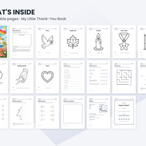 K&ouml;nnte beinhalten: Eine digitale Sammlung mit dem Titel WHAT'S INSIDE 20 printable pages My Little Thank-You Book, bestehend aus zwanzig einzelnen Arbeitsbl&auml;ttern mit schwarz-wei&szlig;en Strichzeichnungen, darunter eine Taube, ein Ahornblatt, eine Kerze, ein Stern und Labyrinthe.