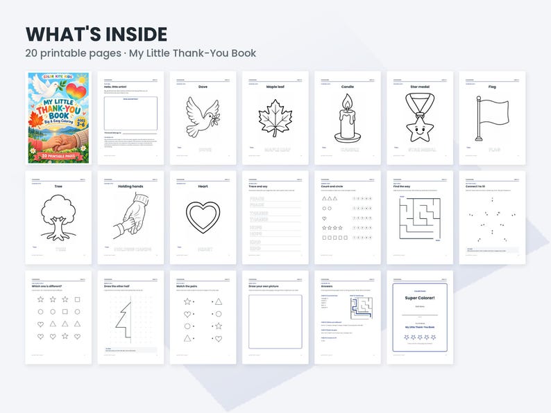 K&ouml;nnte beinhalten: Eine digitale Sammlung mit dem Titel WHAT'S INSIDE 20 printable pages My Little Thank-You Book, bestehend aus zwanzig einzelnen Arbeitsbl&auml;ttern mit schwarz-wei&szlig;en Strichzeichnungen, darunter eine Taube, ein Ahornblatt, eine Kerze, ein Stern und Labyrinthe.