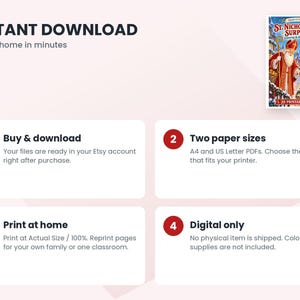 May include: A digital coloring and activity book titled St. Nicholas Day Surprise featuring an illustration of Saint Nicholas with two children. The document includes instructions for instant download, printing at home, and two paper sizes.