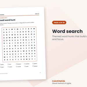 May include: A white activity sheet titled Diwali word hunt with a grid of letters for a word search puzzle. Below the grid are ten checkboxes with words including Diwali, Diya, Rangoli, Lantern, Sweets, Family, Lights, Colors, Share, and Sparkle.