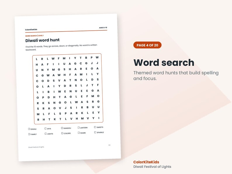 May include: A white activity sheet titled Diwali word hunt with a grid of letters for a word search puzzle. Below the grid are ten checkboxes with words including Diwali, Diya, Rangoli, Lantern, Sweets, Family, Lights, Colors, Share, and Sparkle.