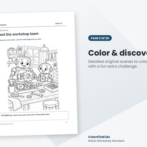 May include: A black and white coloring page titled Meet the workshop team featuring two robots working at a workbench with gears and tools. The page includes the text ColorKiteKids, AGES 6-10, and a challenge box at the bottom to use warm and cool colors.