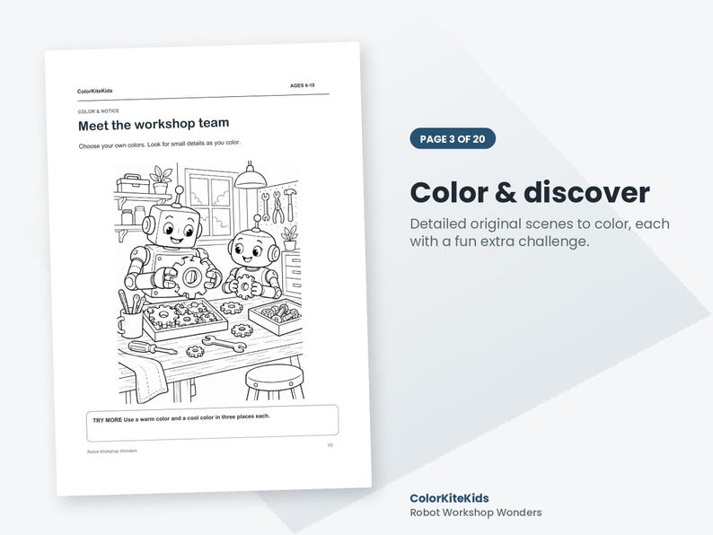 May include: A black and white coloring page titled Meet the workshop team featuring two robots working at a workbench with gears and tools. The page includes the text ColorKiteKids, AGES 6-10, and a challenge box at the bottom to use warm and cool colors.