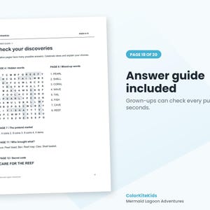May include: A white document titled Answer guide with the text Check your discoveries, featuring a word search puzzle, lists of mixed-up words, and solutions for pages 4, 7, 11, and 12. The page includes the ColorKiteKids logo and text.