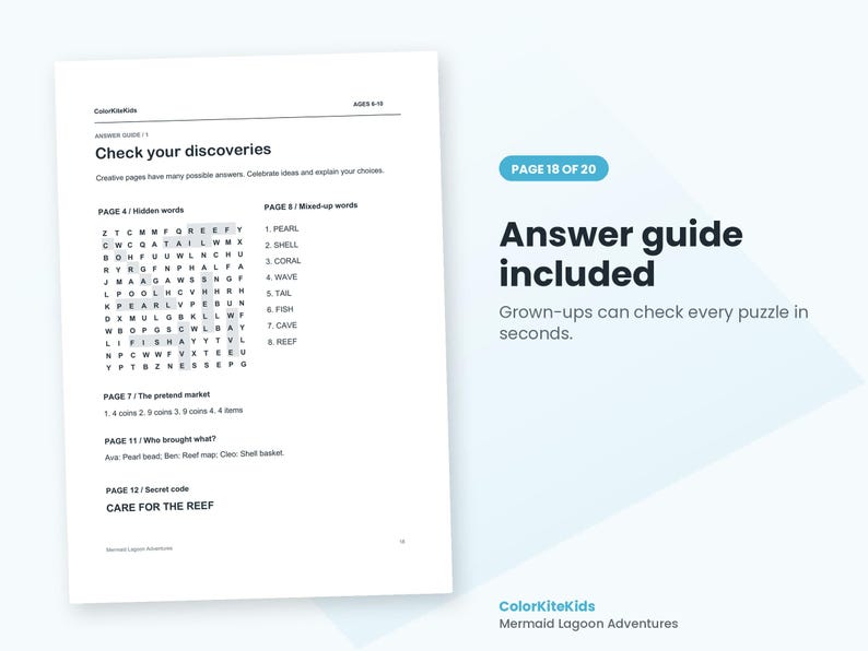May include: A white document titled Answer guide with the text Check your discoveries, featuring a word search puzzle, lists of mixed-up words, and solutions for pages 4, 7, 11, and 12. The page includes the ColorKiteKids logo and text.