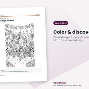 May include: A black and white coloring page titled Alebrije parade featuring a winged jaguar and a dragon-like creature on carts, surrounded by children, festive banners, and buildings. The page includes the text ColorKiteKids and Try more.