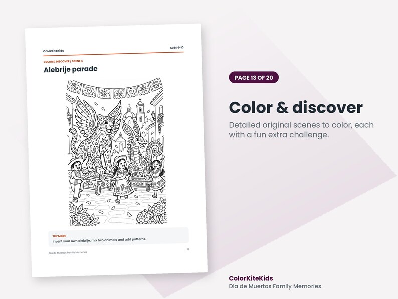 May include: A black and white coloring page titled Alebrije parade featuring a winged jaguar and a dragon-like creature on carts, surrounded by children, festive banners, and buildings. The page includes the text ColorKiteKids and Try more.
