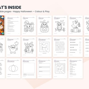 May include: A digital collection of 20 printable Halloween activity pages titled Happy Halloween Colour & Play. The set includes black and white coloring sheets featuring ghosts, pumpkins, owls, and bats, alongside word searches, mazes, and counting exercises.