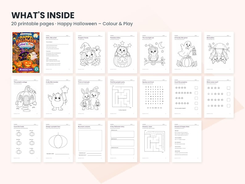 May include: A digital collection of 20 printable Halloween activity pages titled Happy Halloween Colour & Play. The set includes black and white coloring sheets featuring ghosts, pumpkins, owls, and bats, alongside word searches, mazes, and counting exercises.