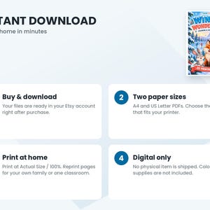 May include: A digital coloring and activity book titled Winter Wonderland featuring a cover illustration of a fox, rabbit, and owl in a snowy forest. The document includes instructions for instant download, A4 and US Letter PDF formats.