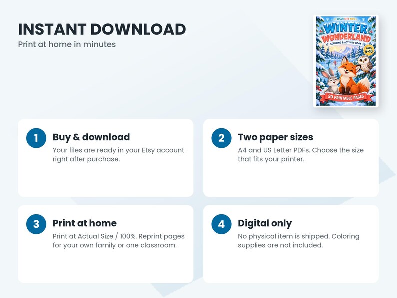 May include: A digital coloring and activity book titled Winter Wonderland featuring a cover illustration of a fox, rabbit, and owl in a snowy forest. The document includes instructions for instant download, A4 and US Letter PDF formats.