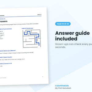 May include: A white answer guide page for children's activities titled ColorKiteKids Ages 3-5. It lists solutions for pages 12 through 17, including a maze diagram with a blue path, counting results, and shape identification text in blue and black.