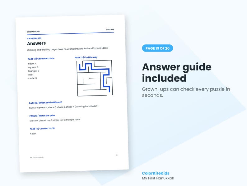 May include: A white answer guide page for children's activities titled ColorKiteKids Ages 3-5. It lists solutions for pages 12 through 17, including a maze diagram with a blue path, counting results, and shape identification text in blue and black.