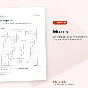 May include: A white activity sheet titled The longer trail with a black line maze, instructions to draw a path from START to FINISH, and a note to try more if you reach a dead end. The page is labeled ColorKiteKids and AGES 8-10.