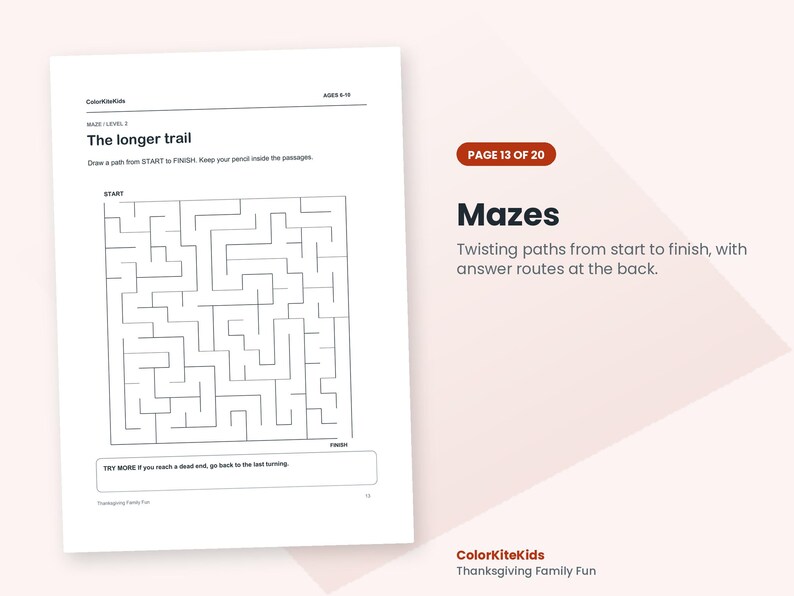 May include: A white activity sheet titled The longer trail with a black line maze, instructions to draw a path from START to FINISH, and a note to try more if you reach a dead end. The page is labeled ColorKiteKids and AGES 8-10.
