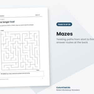 May include: A white activity page titled The longer trail, featuring a black-lined maze with start and finish points. The text includes ColorKiteKids, AGES 8-10, MAZE LEVEL 3, and instructions to draw a path and try more if reaching a dead end.