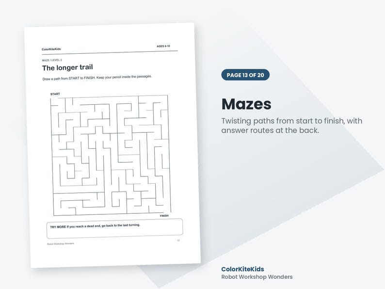 May include: A white activity page titled The longer trail, featuring a black-lined maze with start and finish points. The text includes ColorKiteKids, AGES 8-10, MAZE LEVEL 3, and instructions to draw a path and try more if reaching a dead end.