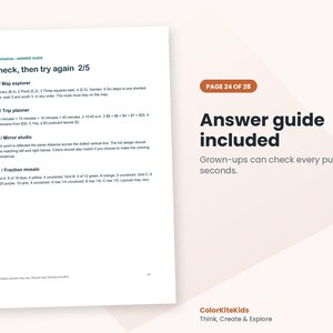 May include: A white page titled ColorKiteKids Answer Guide, Check, then try again 2/5, containing solutions for Map explorer, Trip planner, Mirror studio, and Fraction mosaic. A sidebar states Page 24 of 28, Answer guide included.