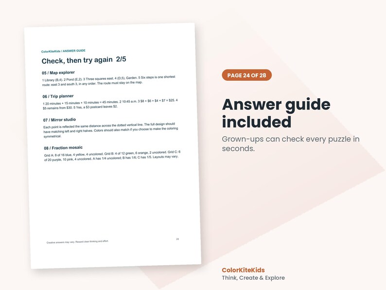 May include: A white page titled ColorKiteKids Answer Guide, Check, then try again 2/5, containing solutions for Map explorer, Trip planner, Mirror studio, and Fraction mosaic. A sidebar states Page 24 of 28, Answer guide included.