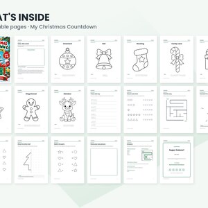 May include: A digital collection titled WHAT'S INSIDE 20 printable pages My Christmas Countdown, featuring a cover page with a reindeer and twenty black and white activity sheets including coloring pages, mazes, and drawing tasks.