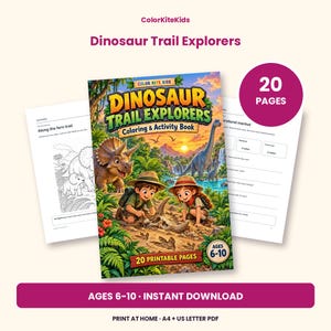 May include: Dinosaur Trail Explorers coloring and activity book with 20 printable pages for ages 6-10. The cover features two children exploring a prehistoric landscape with dinosaurs, lush greenery, and a sunset. Includes sample activity pages.