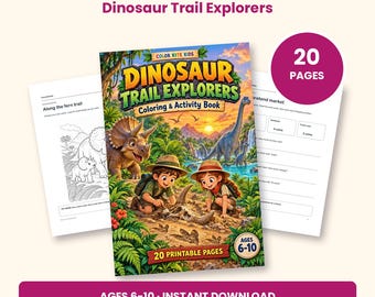Peut inclure: Livre de coloriage et d'activités Dinosaur Trail Explorers avec 20 pages imprimables pour les 6-10 ans. La couverture montre deux enfants explorant un paysage préhistorique avec des dinosaures, de la verdure et un coucher de soleil.