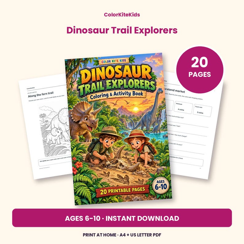 May include: Dinosaur Trail Explorers coloring and activity book with 20 printable pages for ages 6-10. The cover features two children exploring a prehistoric landscape with dinosaurs, lush greenery, and a sunset. Includes sample activity pages.