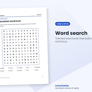 May include: A Hanukkah word search activity sheet for children ages 6-10. The page features a grid of letters, instructions, and a list of ten words to find, including Oil, Latkes, Candles, Gelt, Menorah, Lights, Family, Donuts, and Dreidel.
